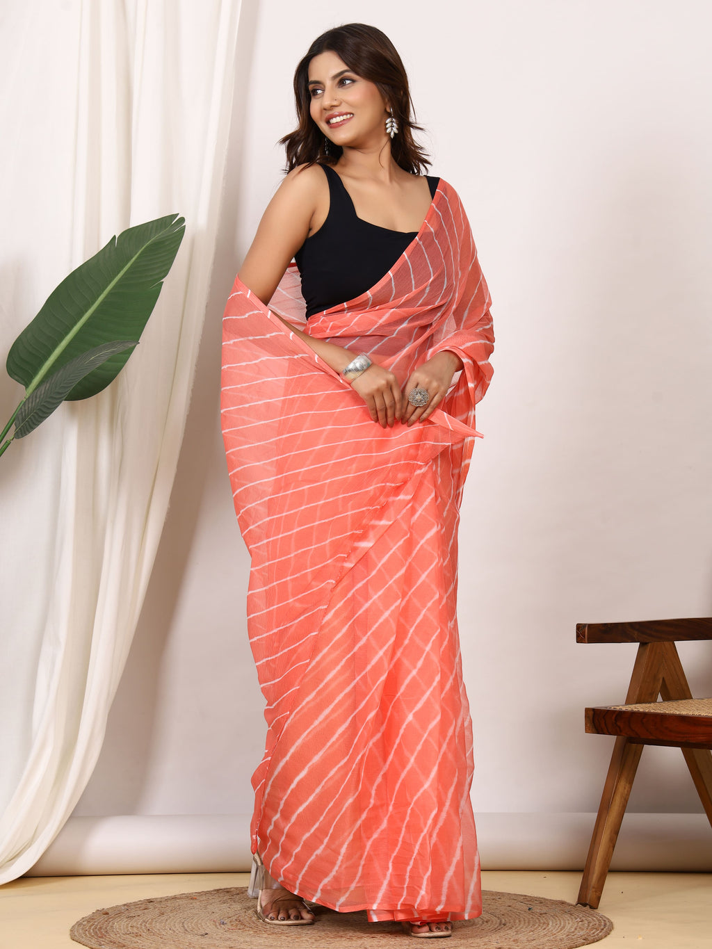 Coral Peach Nazmin Chiffon Saree with Hand Tied Leheriya
