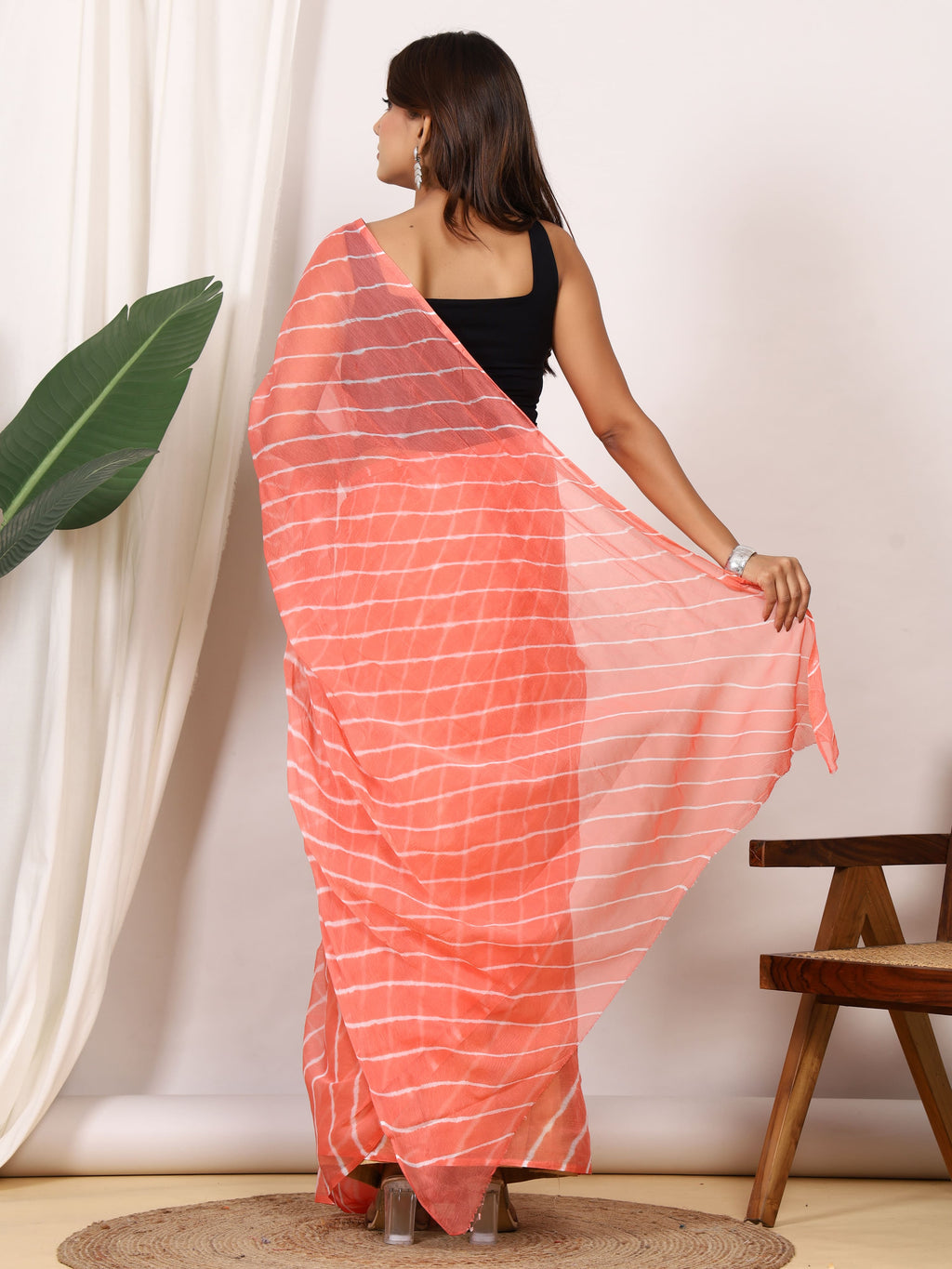 Coral Peach Nazmin Chiffon Saree with Hand Tied Leheriya