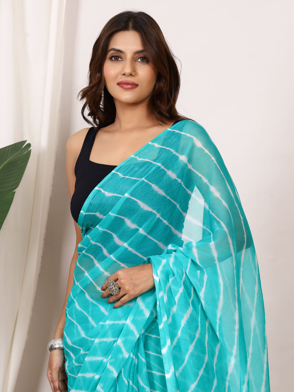 Teal Blue Nazmin Chiffon Saree with Hand Tied Leheriya