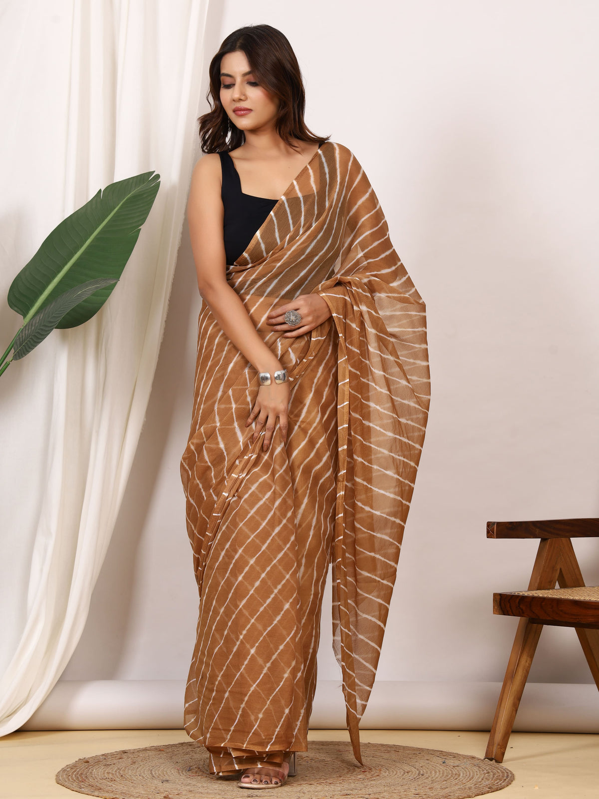 Camel Brown Nazmin Chiffon Saree with Hand Tied Leheriya