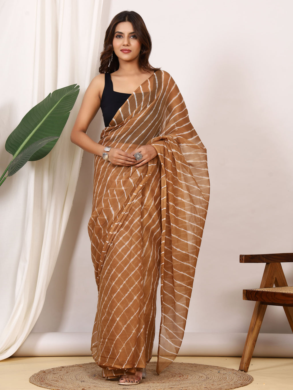 Camel Brown Nazmin Chiffon Saree with Hand Tied Leheriya