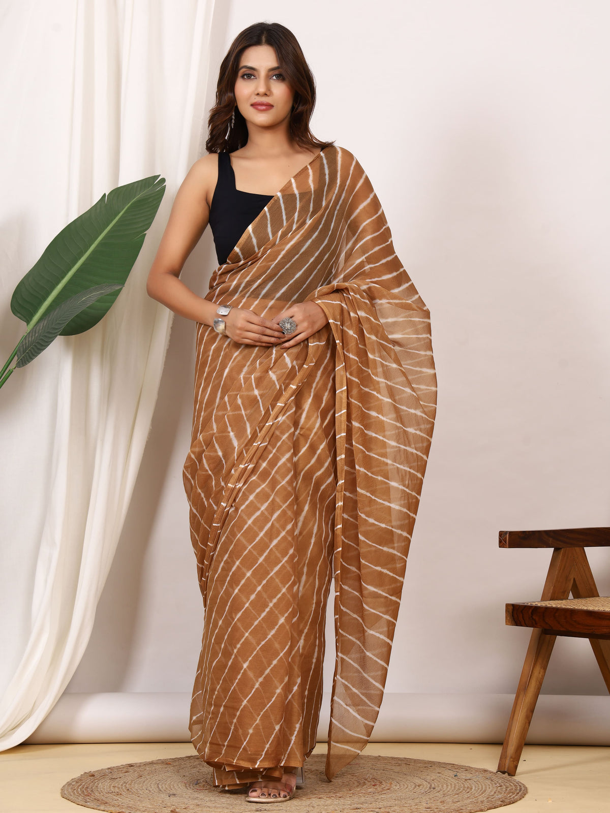 Camel Brown Nazmin Chiffon Saree with Hand Tied Leheriya