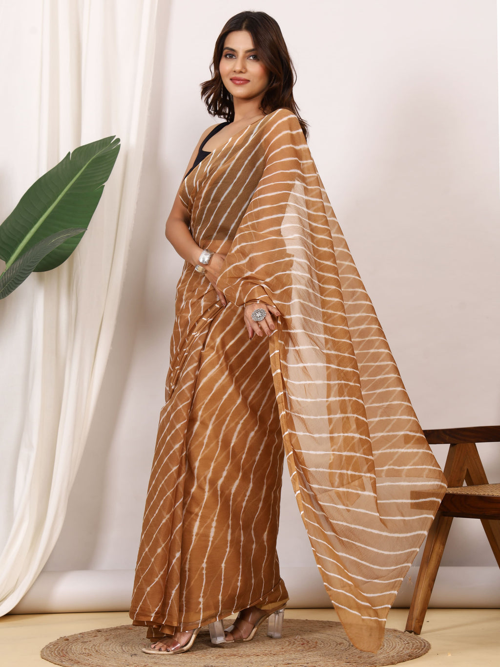 Camel Brown Nazmin Chiffon Saree with Hand Tied Leheriya