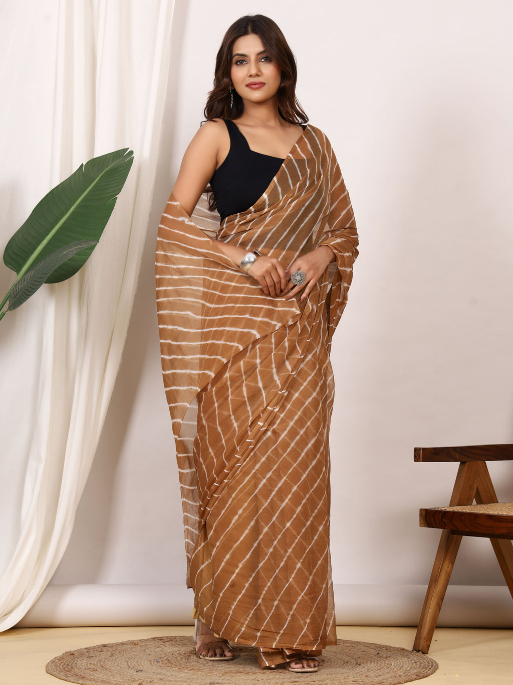 Camel Brown Nazmin Chiffon Saree with Hand Tied Leheriya