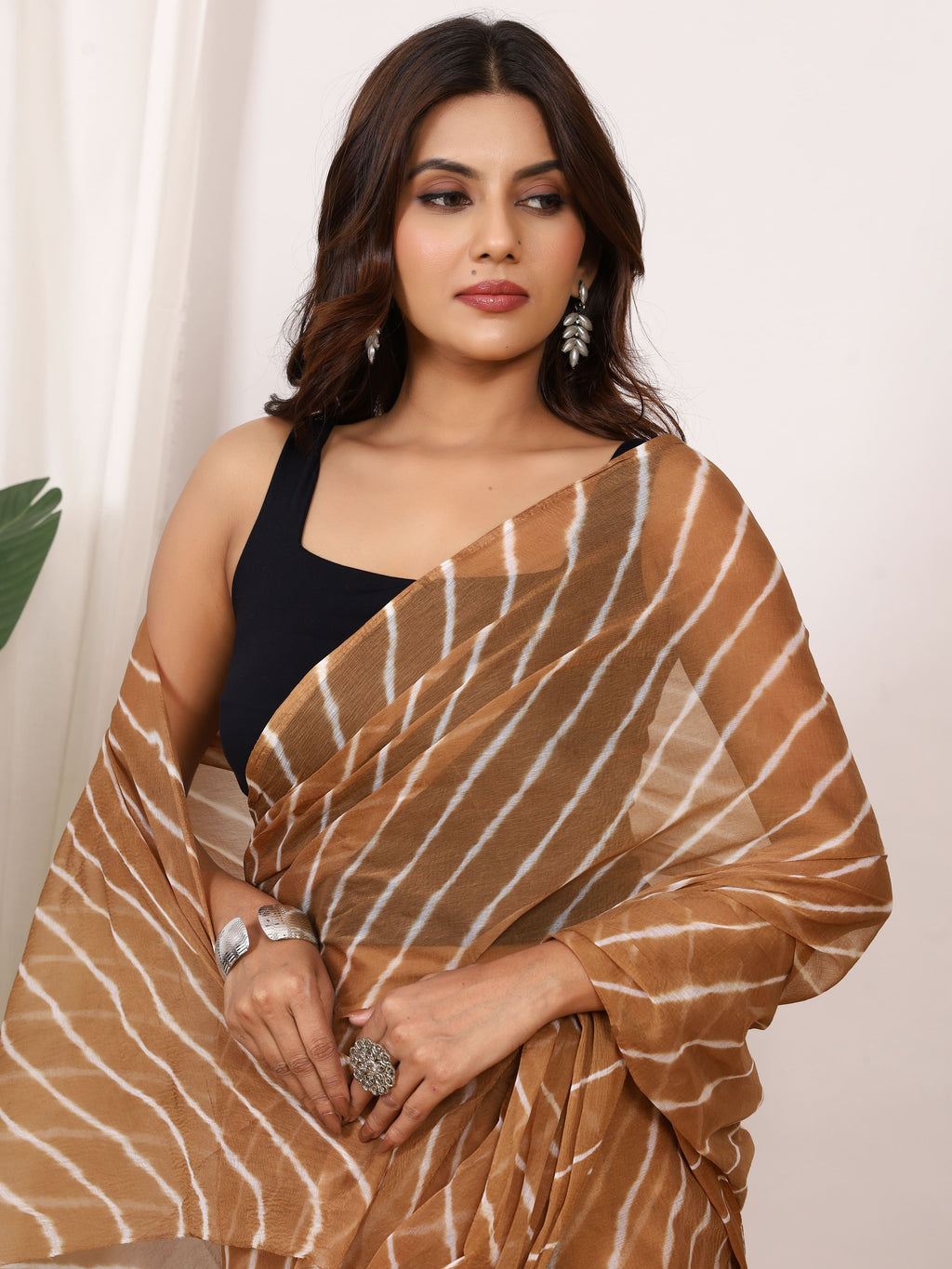 Camel Brown Nazmin Chiffon Saree with Hand Tied Leheriya
