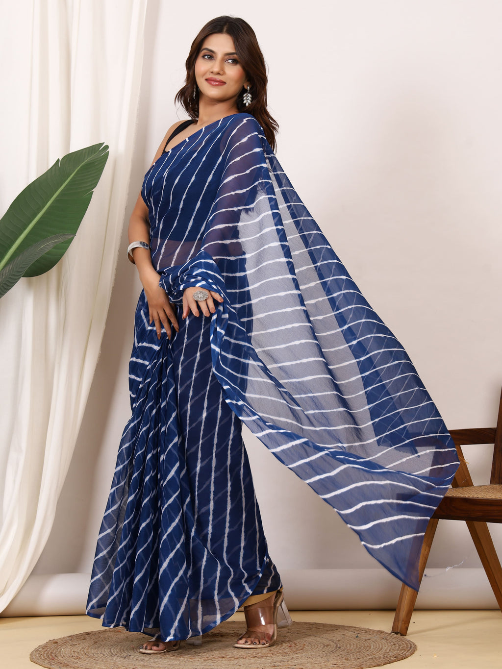 Indigo Blue Nazmin Chiffon Saree with Hand Tied Leheriya