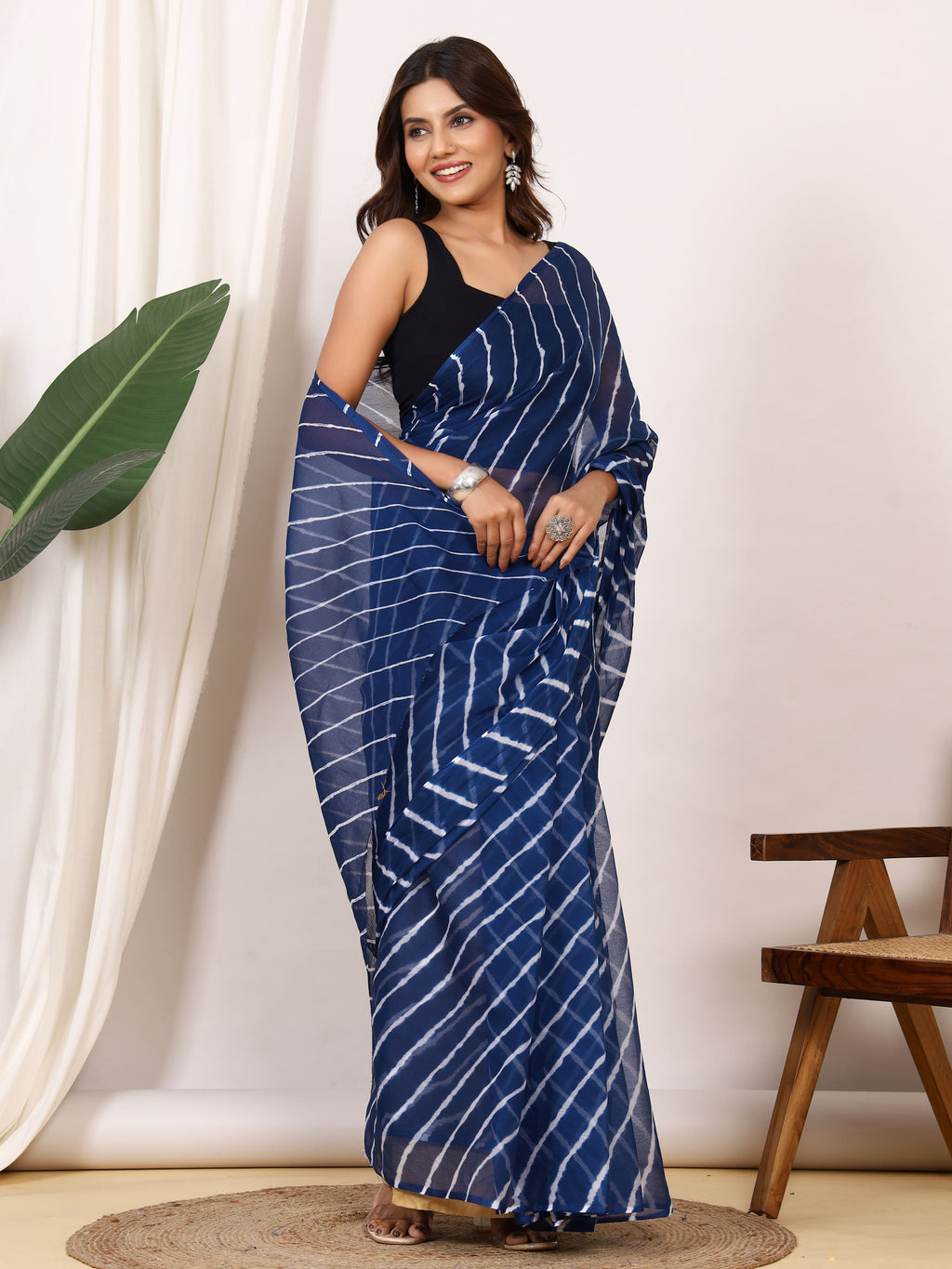 Indigo Blue Nazmin Chiffon Saree with Hand Tied Leheriya