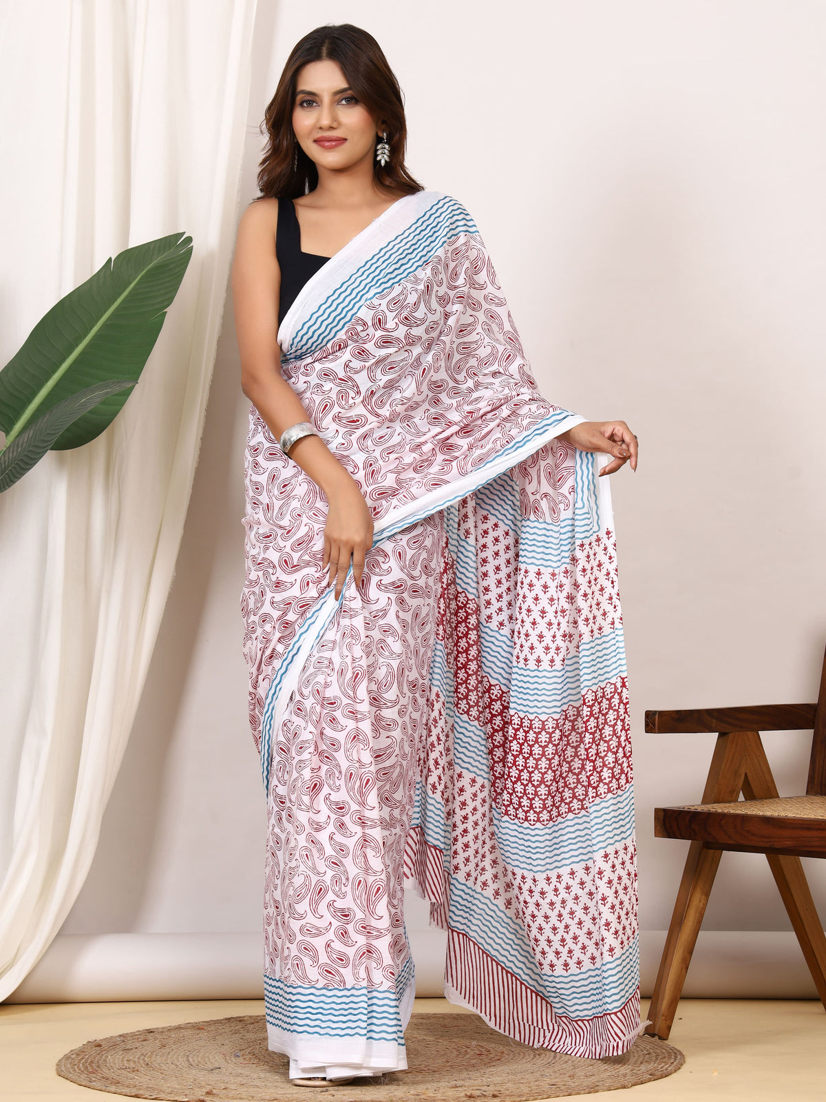 Pure Cotton White Saree with Red Paisley Print and Teal Striped Pallu