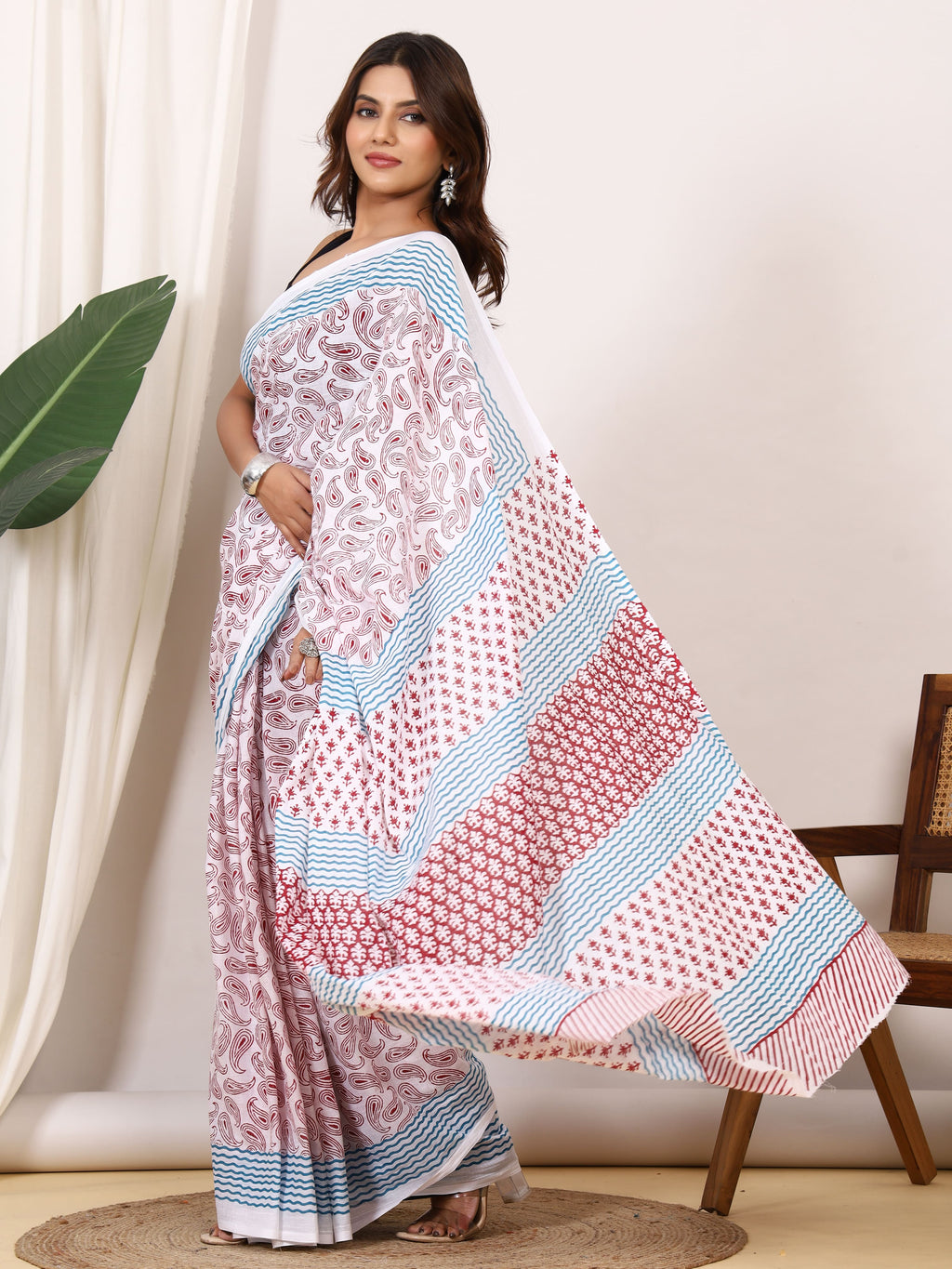 Pure Cotton White Saree with Red Paisley Print and Teal Striped Pallu
