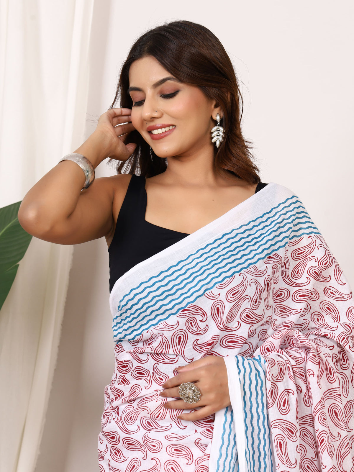 Pure Cotton White Saree with Red Paisley Print and Teal Striped Pallu