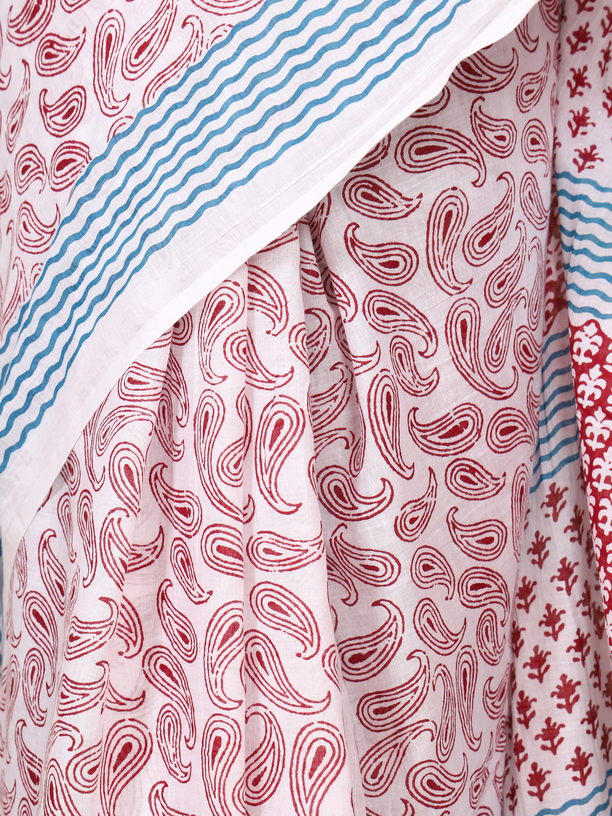 Pure Cotton White Saree with Red Paisley Print and Teal Striped Pallu