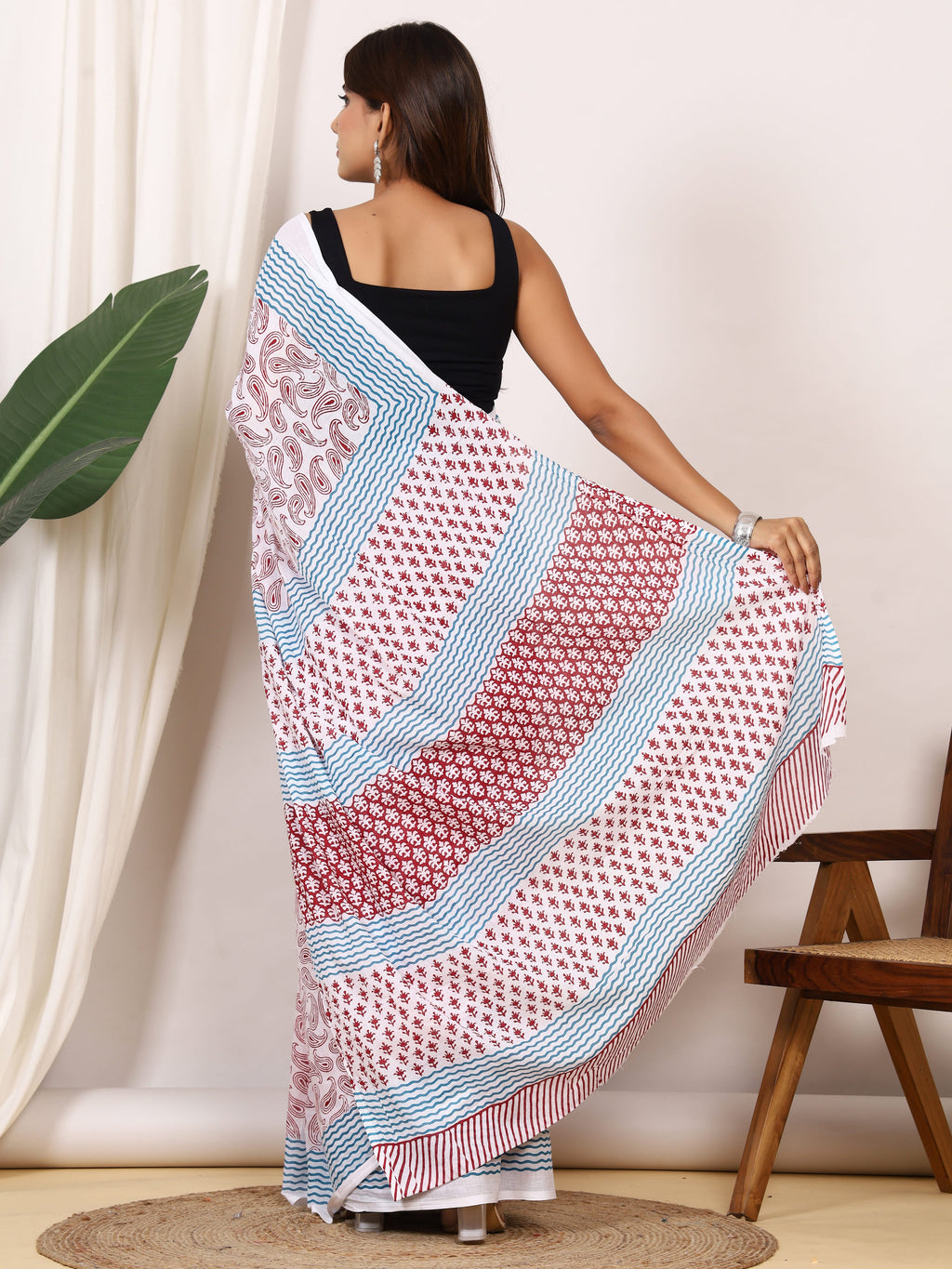Pure Cotton White Saree with Red Paisley Print and Teal Striped Pallu
