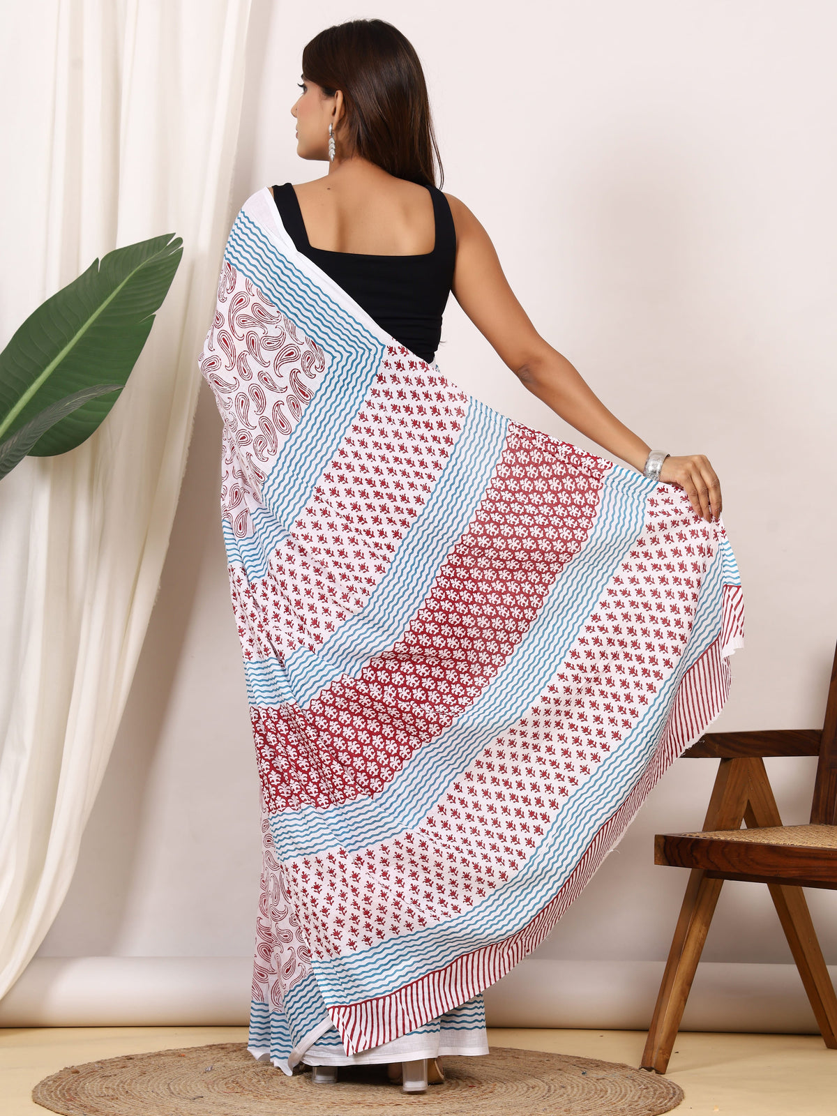 Pure Cotton White Saree with Red Paisley Print and Teal Striped Pallu