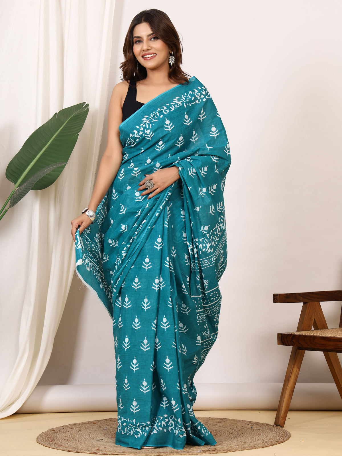 Pure Cotton Teal Blue Saree with White Leaf Block Print and Ornamental Pallu