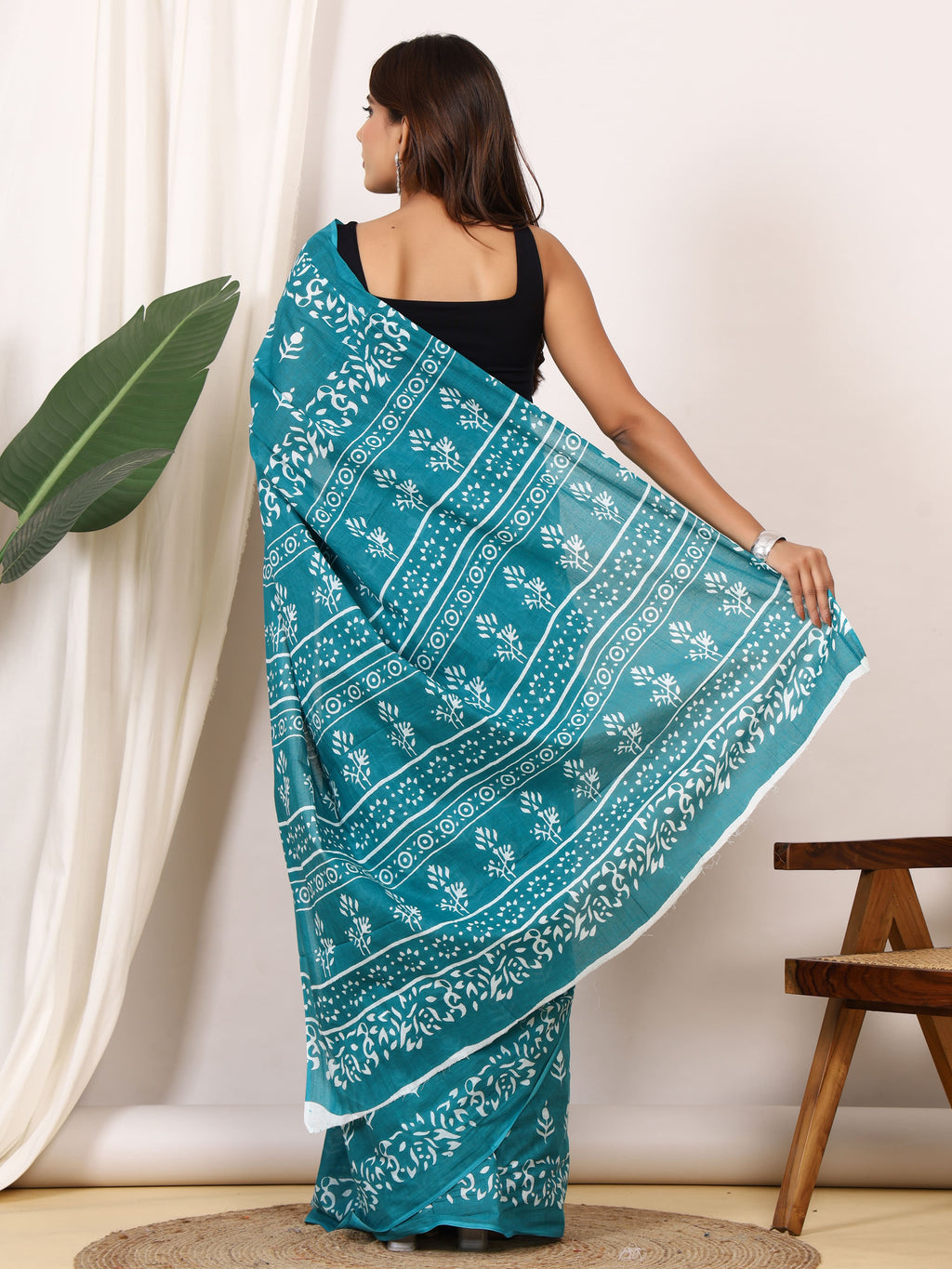 Pure Cotton Teal Blue Saree with White Leaf Block Print and Ornamental Pallu