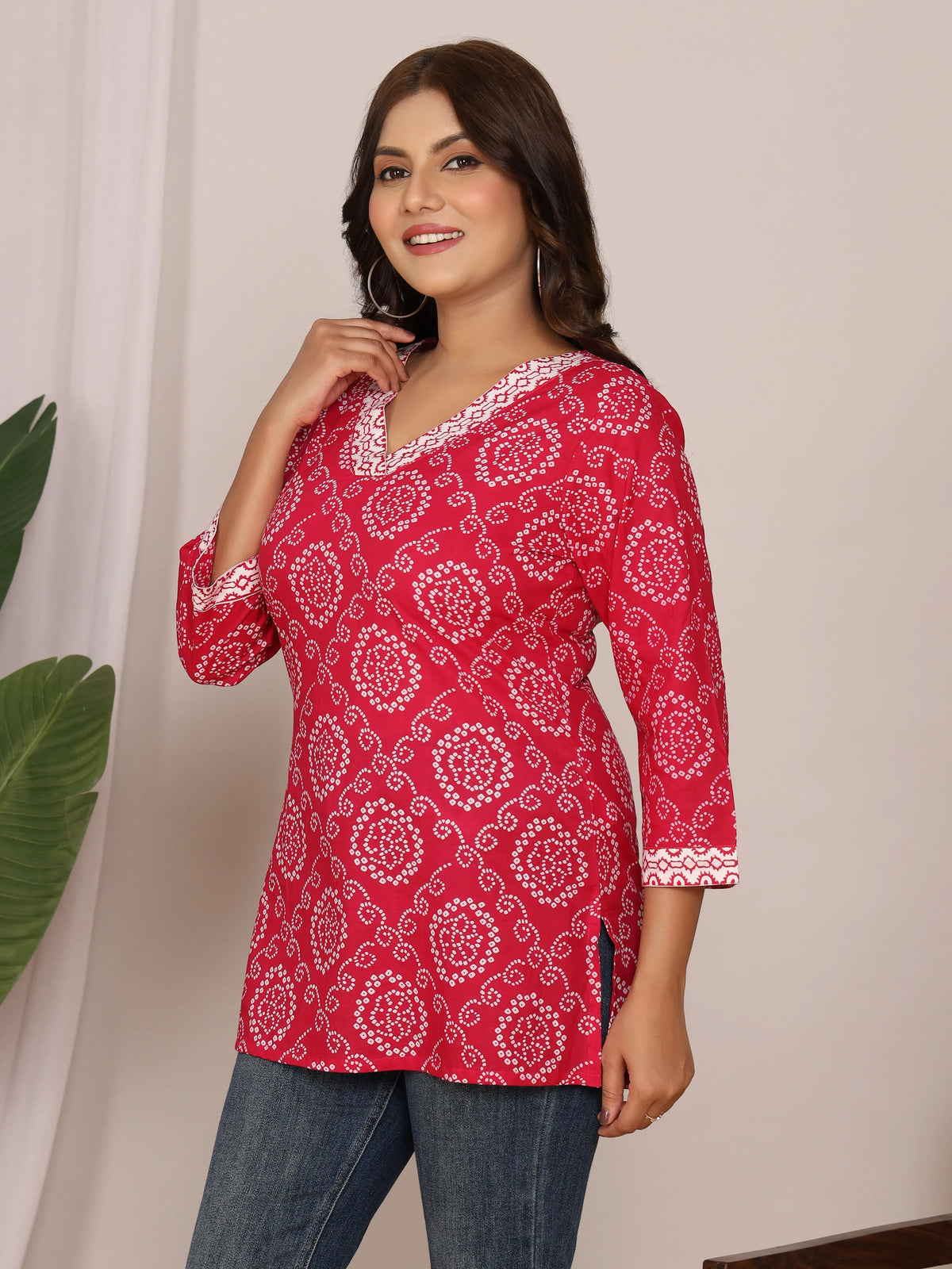 Sanganeri Bandhej Print Rani Pink & White Top