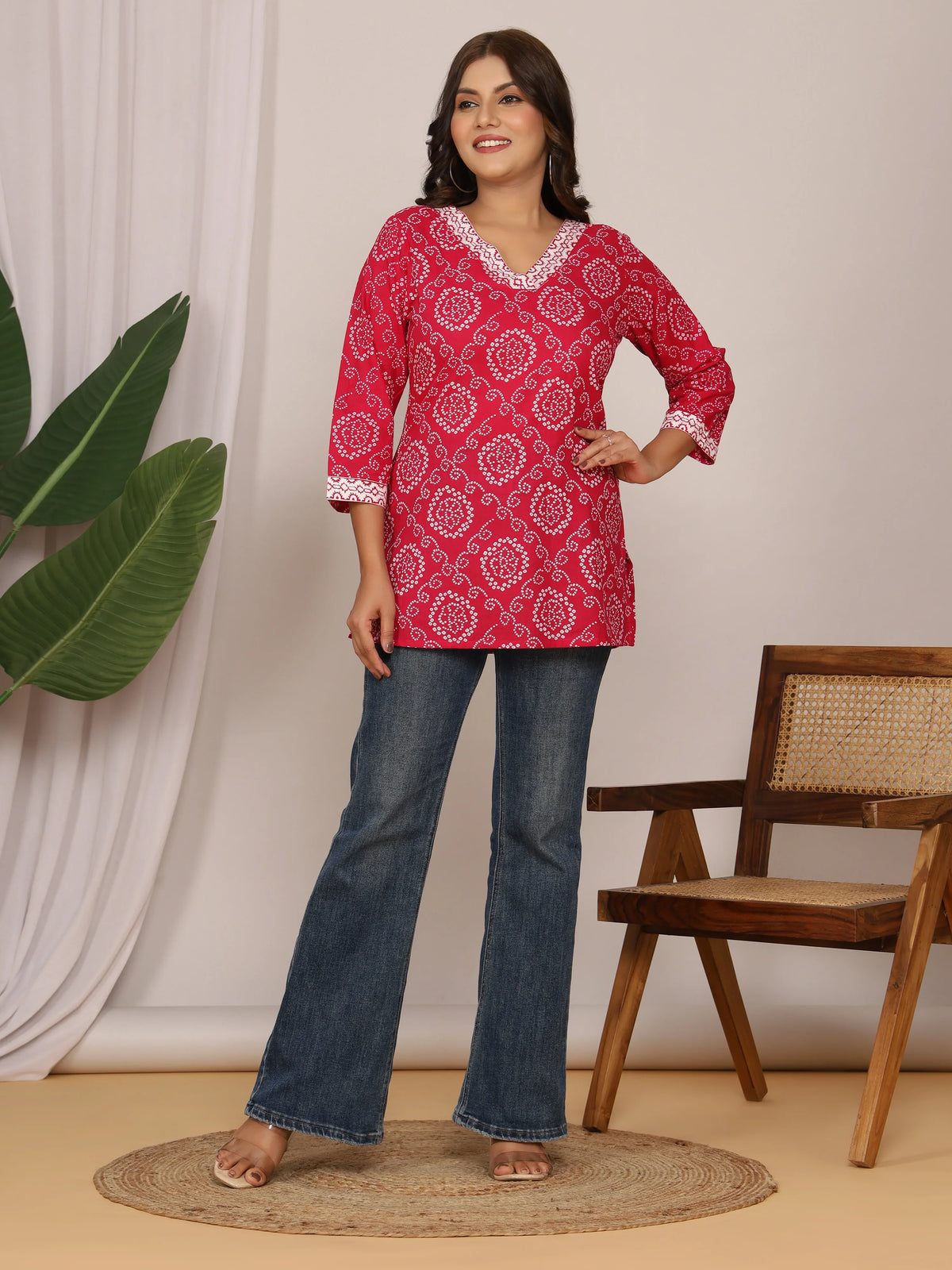 Sanganeri Bandhej Print Rani Pink & White Top