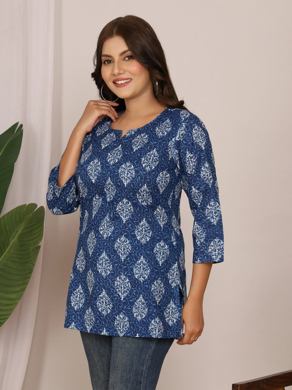 Sanganeri Print Indigo & White Ethnic Motif Top