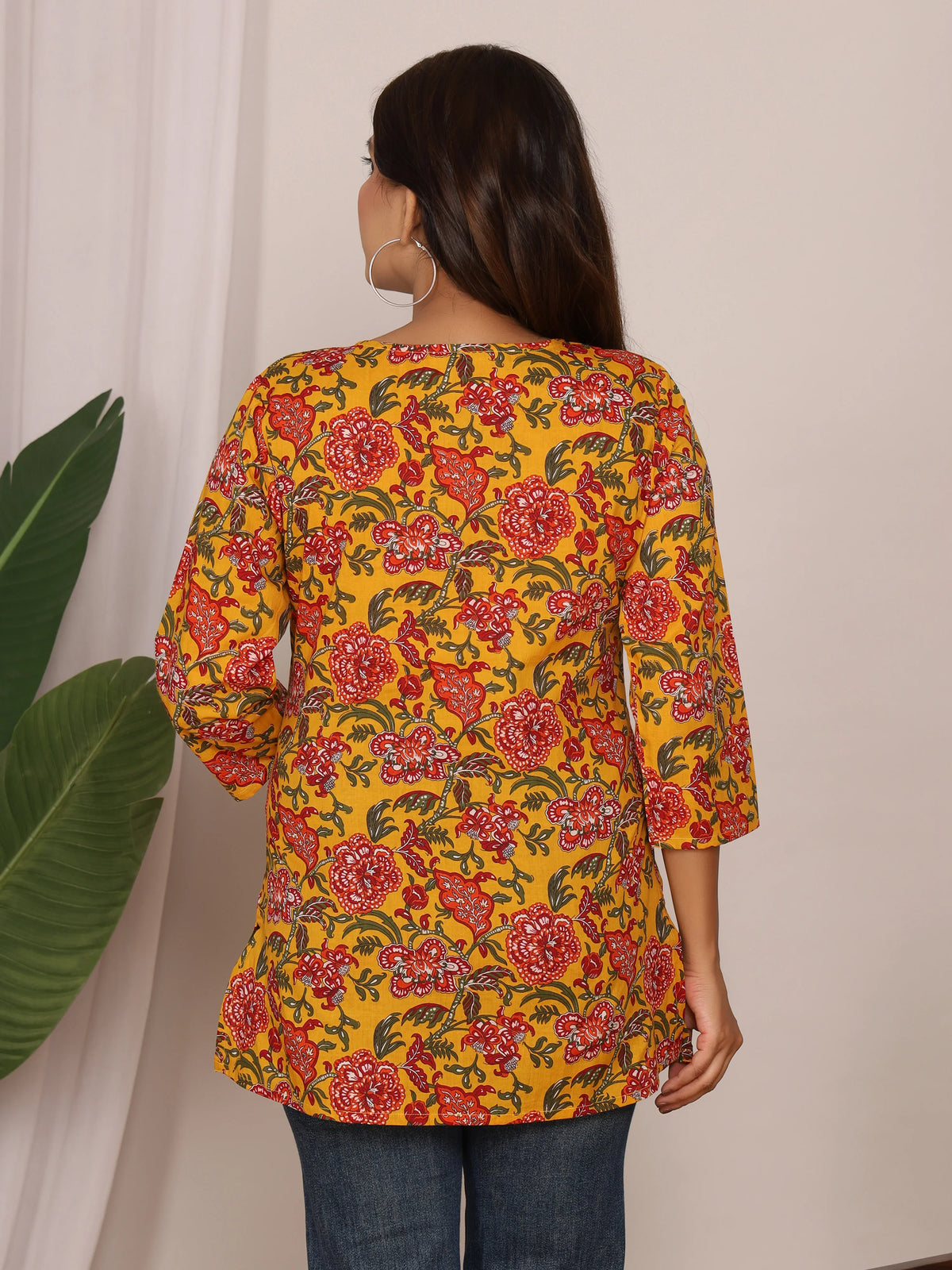 Sanganeri Floral Print Yellow & Red Cotton Top