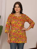 Sanganeri Floral Print Yellow & Red Cotton Top