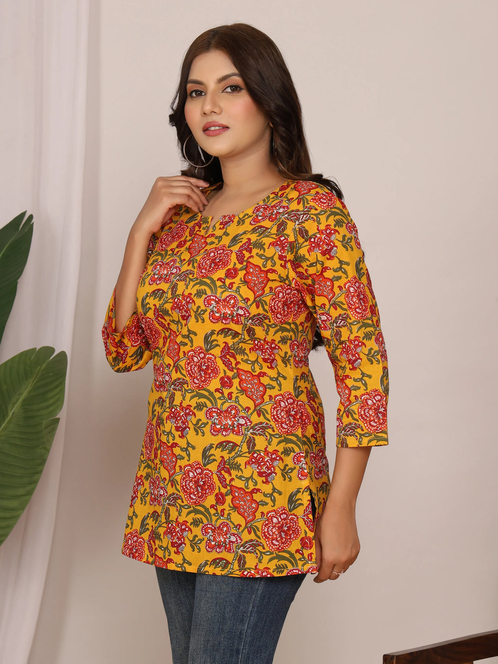 Sanganeri Floral Print Yellow & Red Cotton Top