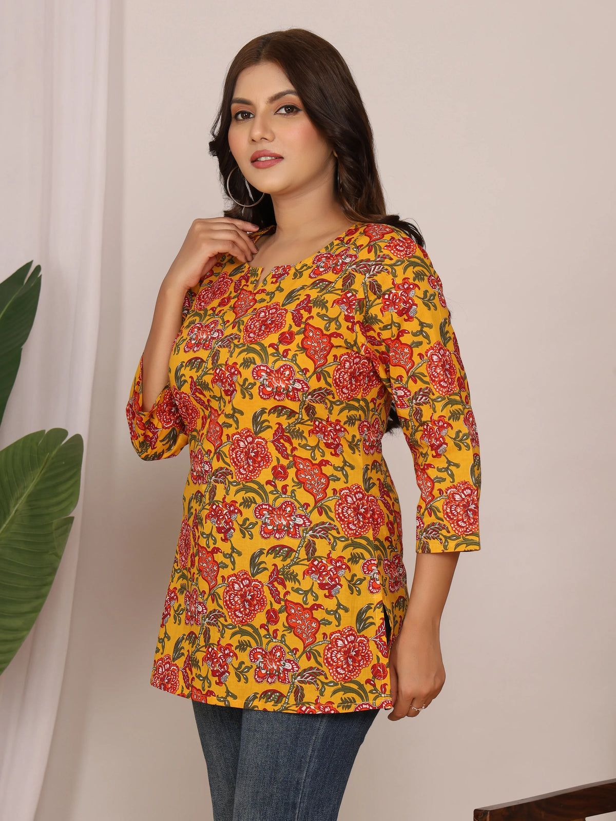 Sanganeri Floral Print Yellow & Red Cotton Top
