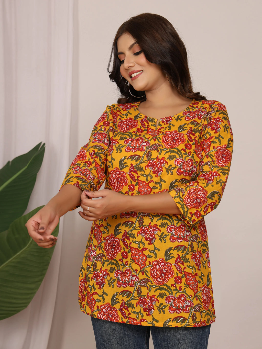 Sanganeri Floral Print Yellow & Red Cotton Top