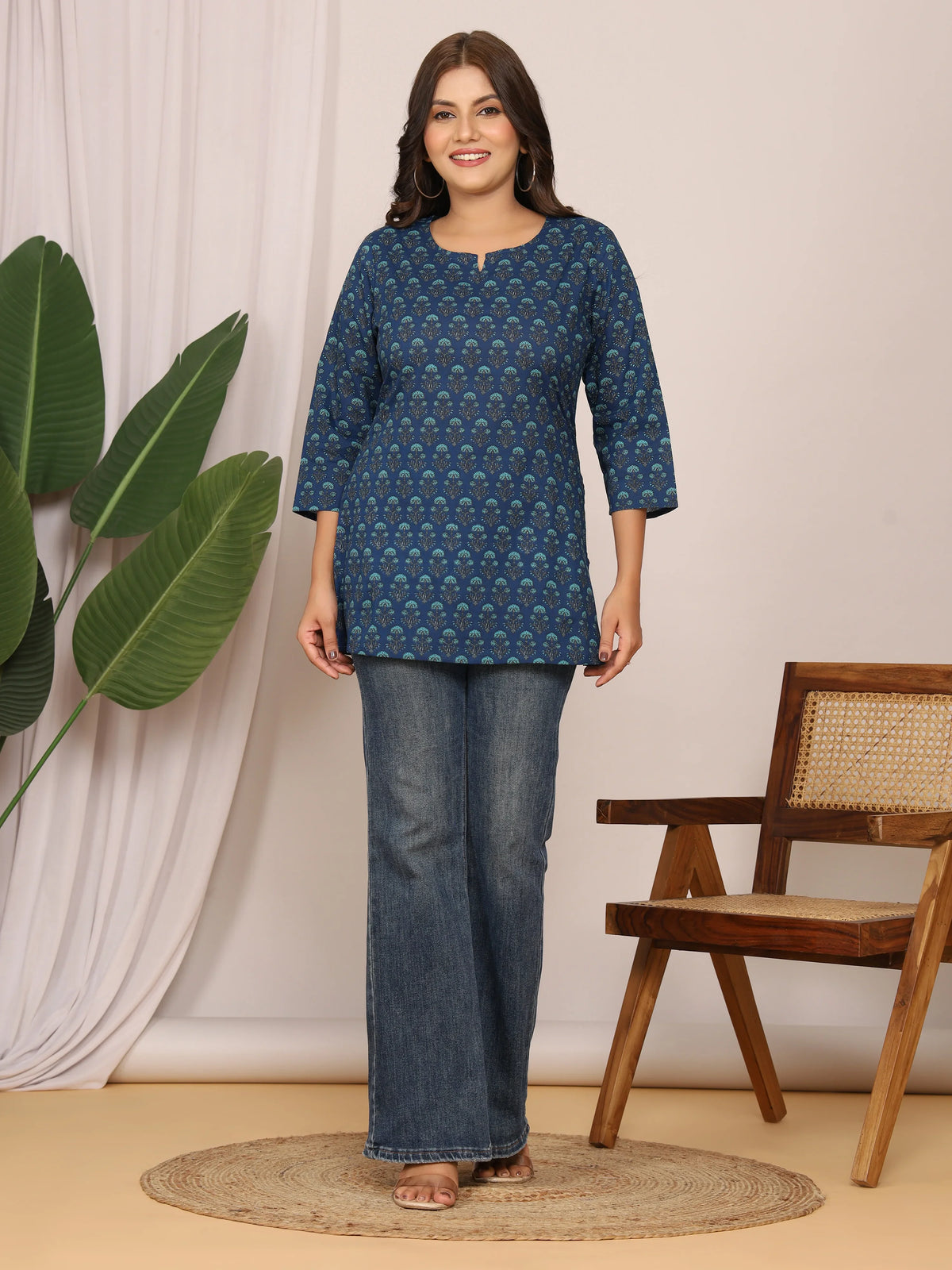 Sanganeri Blue Buti Print Navy Cotton Top