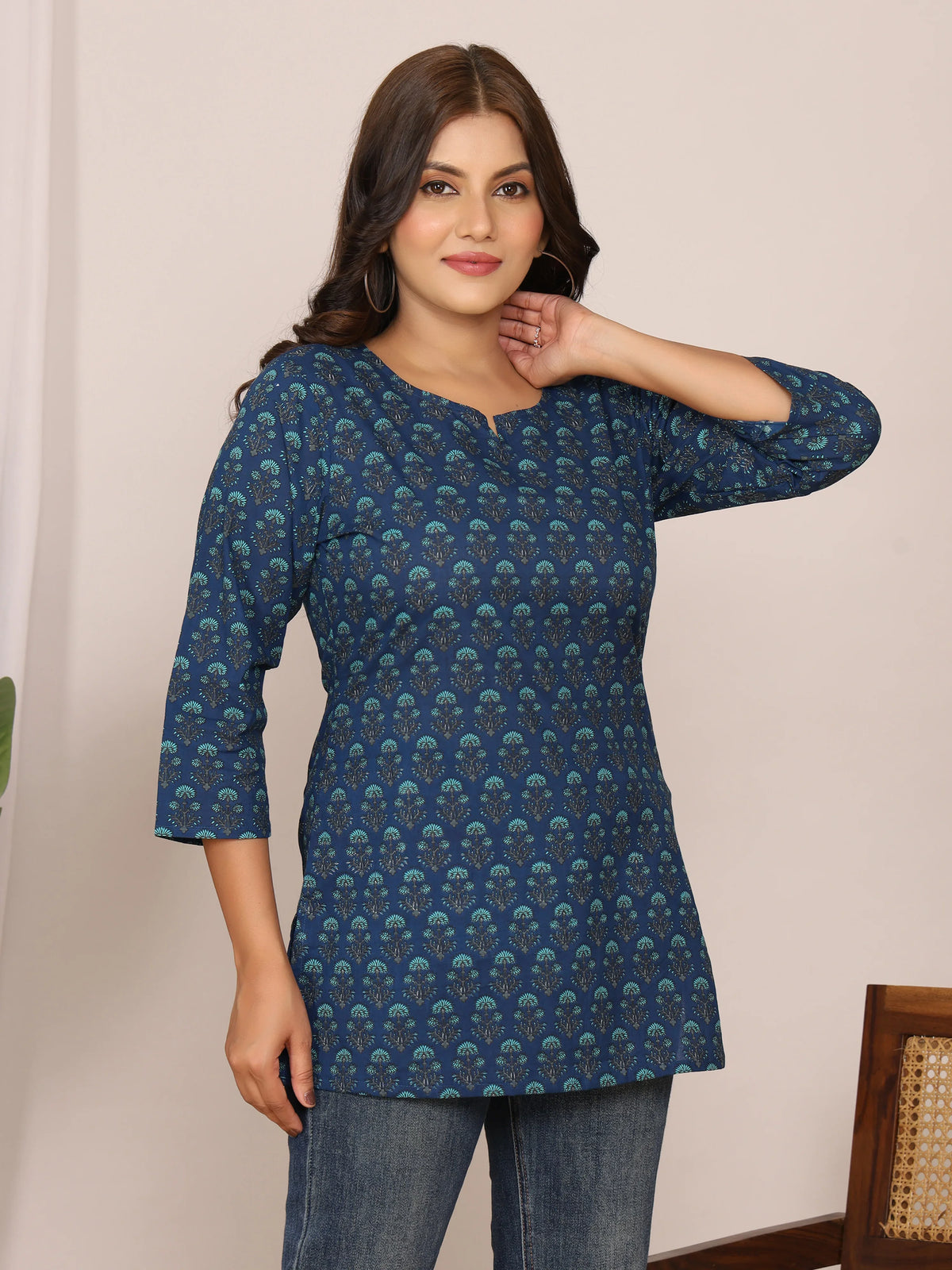 Sanganeri Blue Buti Print Navy Cotton Top