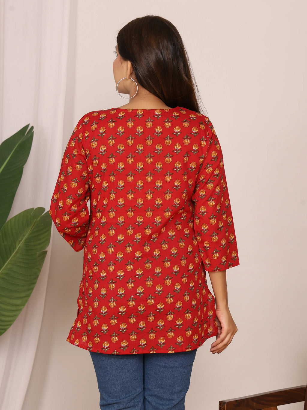 Sanganeri Floral Buti Print Red Cotton Top