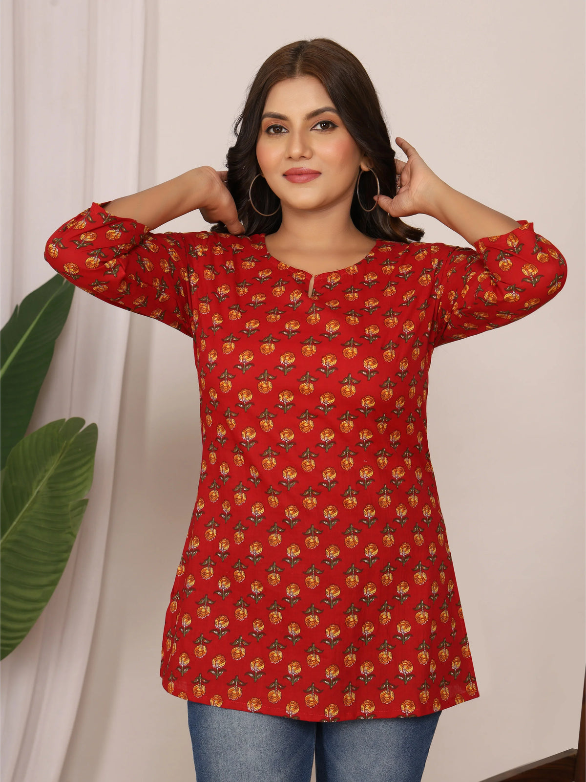 Sanganeri Floral Buti Print Red Cotton Top