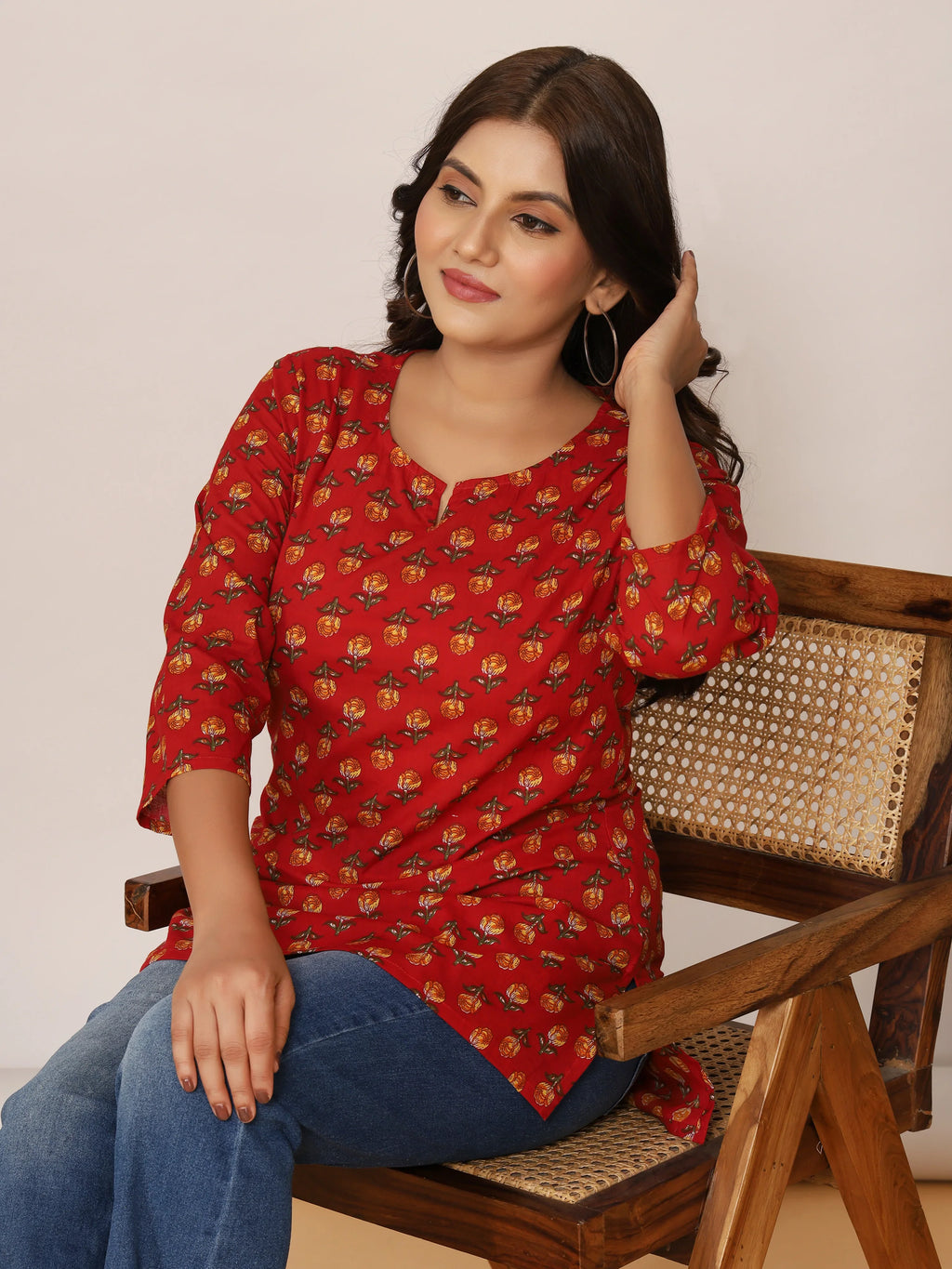 Sanganeri Floral Buti Print Red Cotton Top