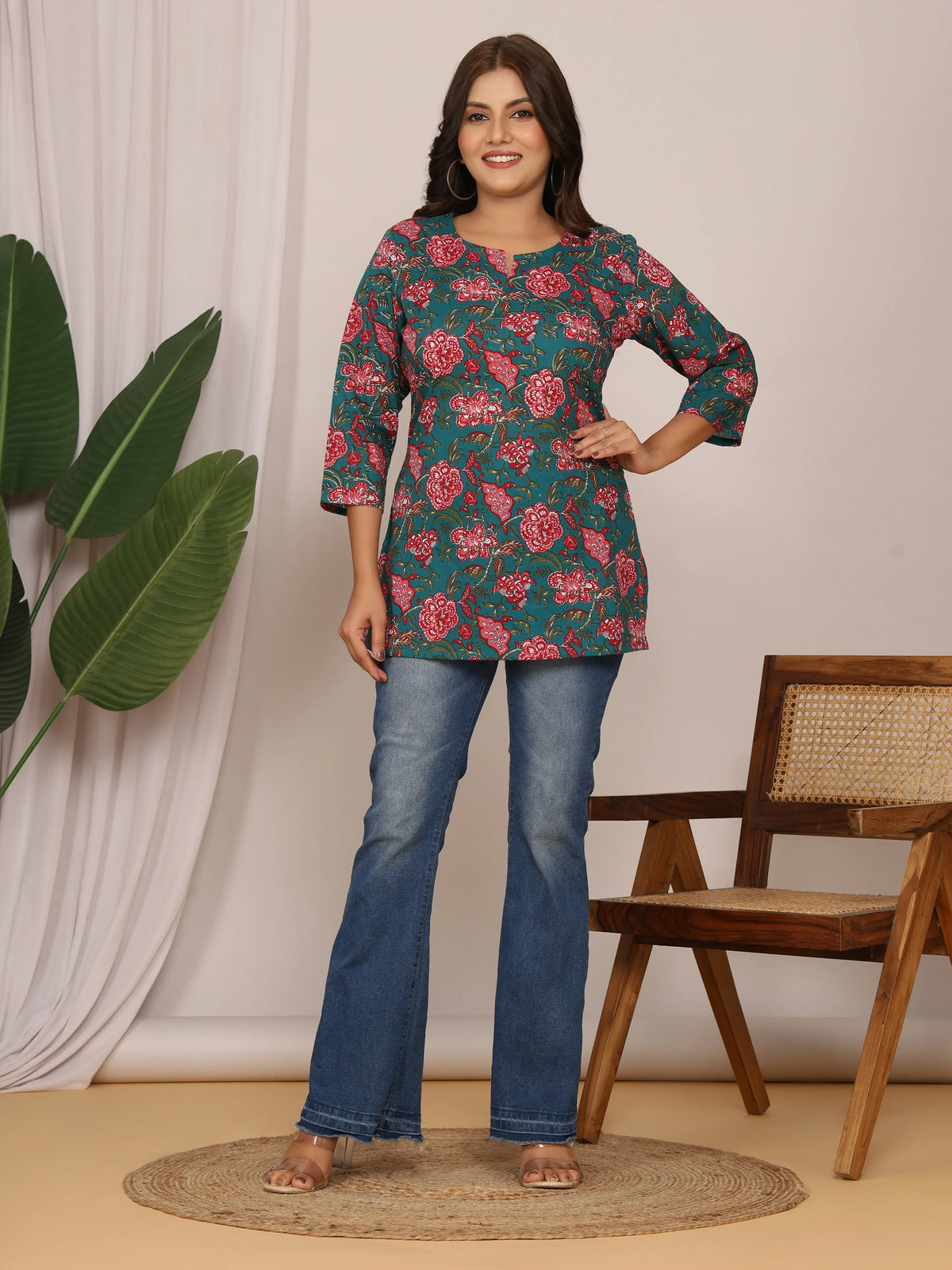 Sanganeri Red Floral Print Teal Green Cotton Top