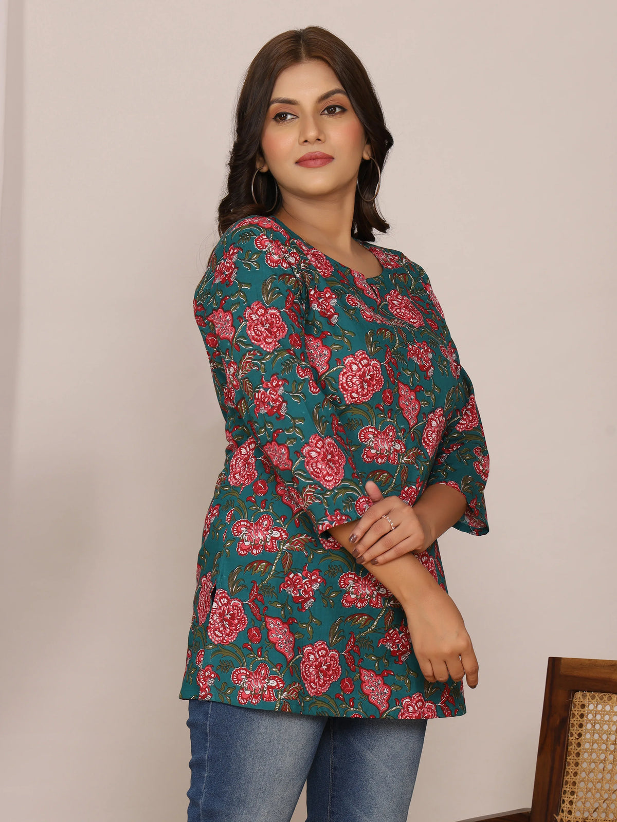 Sanganeri Red Floral Print Teal Green Cotton Top