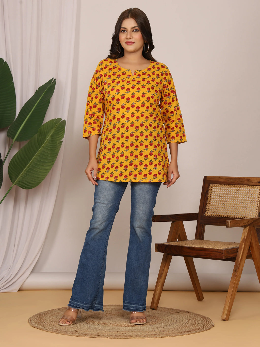 Sanganeri Red Buti Rose Print Yellow Cotton Top