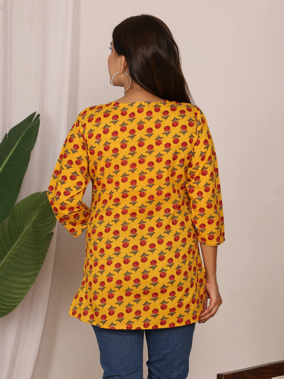 Sanganeri Red Buti Rose Print Yellow Cotton Top