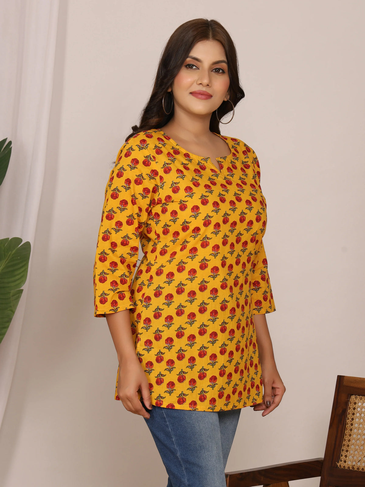 Sanganeri Red Buti Rose Print Yellow Cotton Top