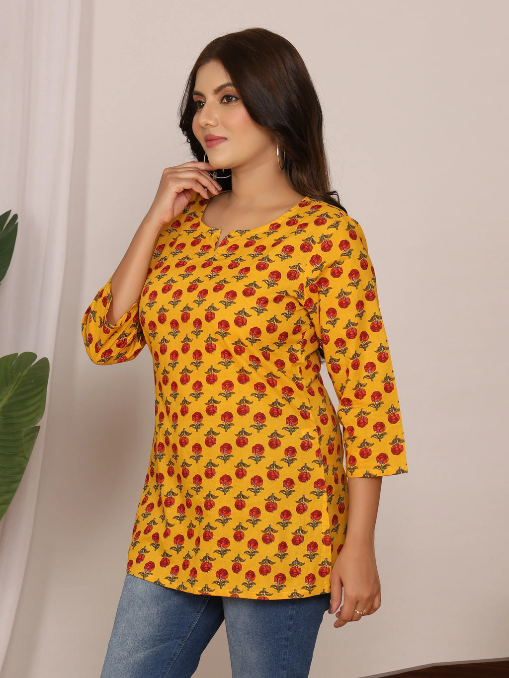 Sanganeri Red Buti Rose Print Yellow Cotton Top