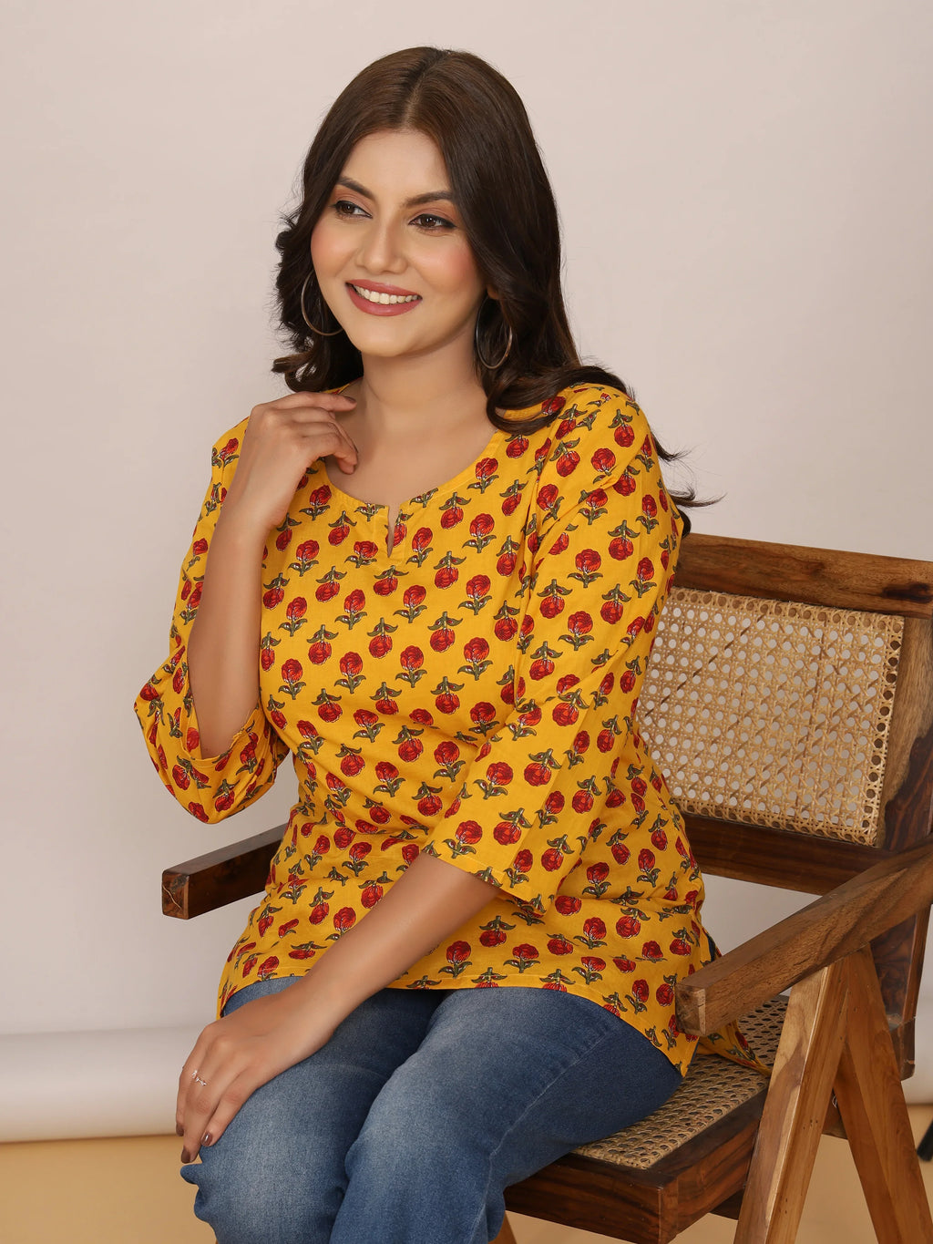 Sanganeri Red Buti Rose Print Yellow Cotton Top