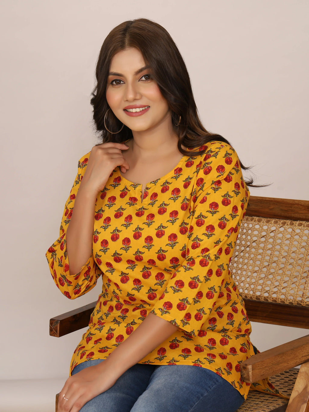 Sanganeri Red Buti Rose Print Yellow Cotton Top