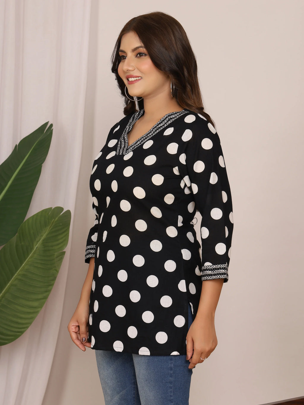 Sanganeri Black & White Polka Dot Cotton Top