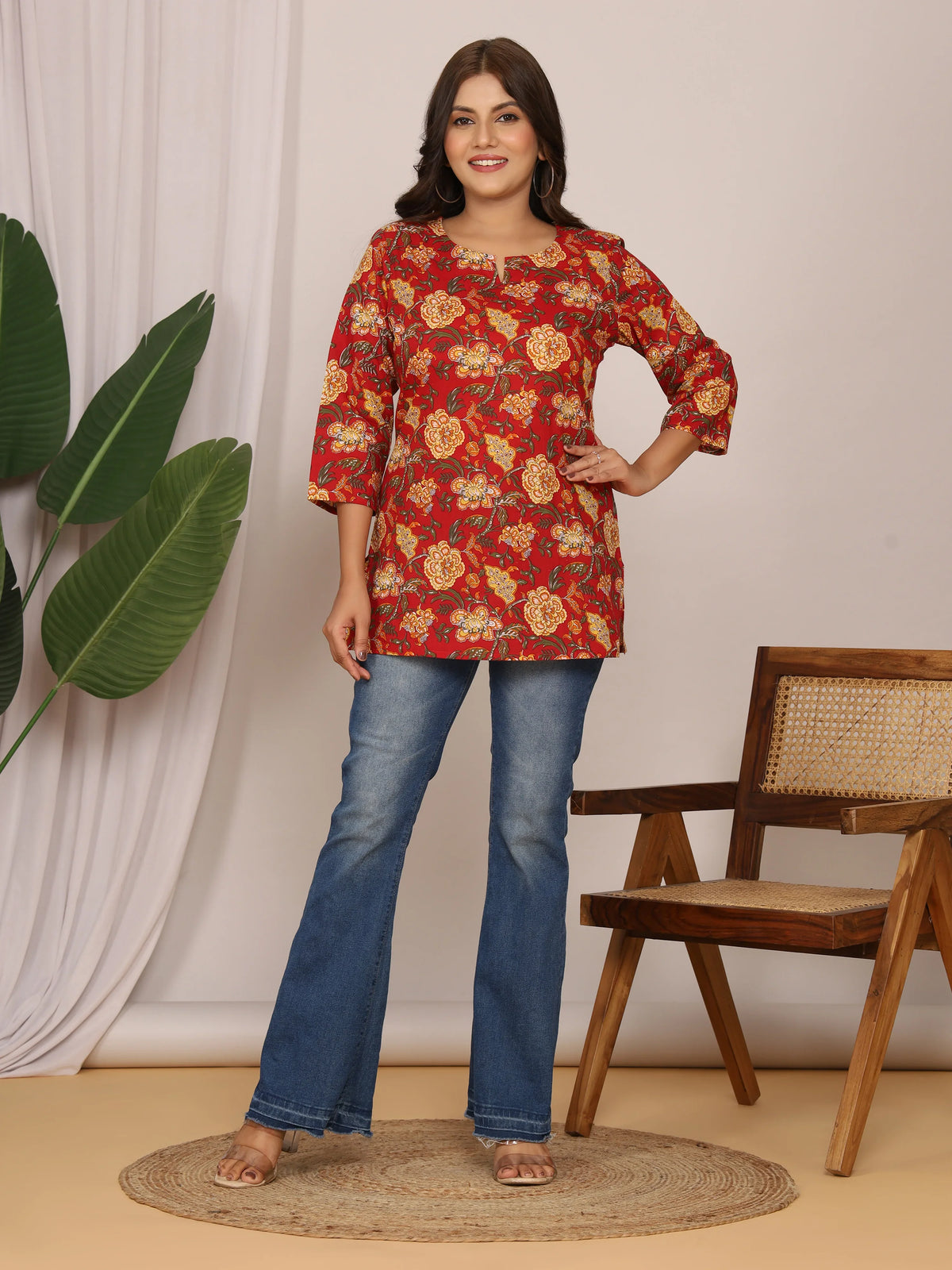 Sanganeri Floral Buti Print Red & Yellow Cotton Top