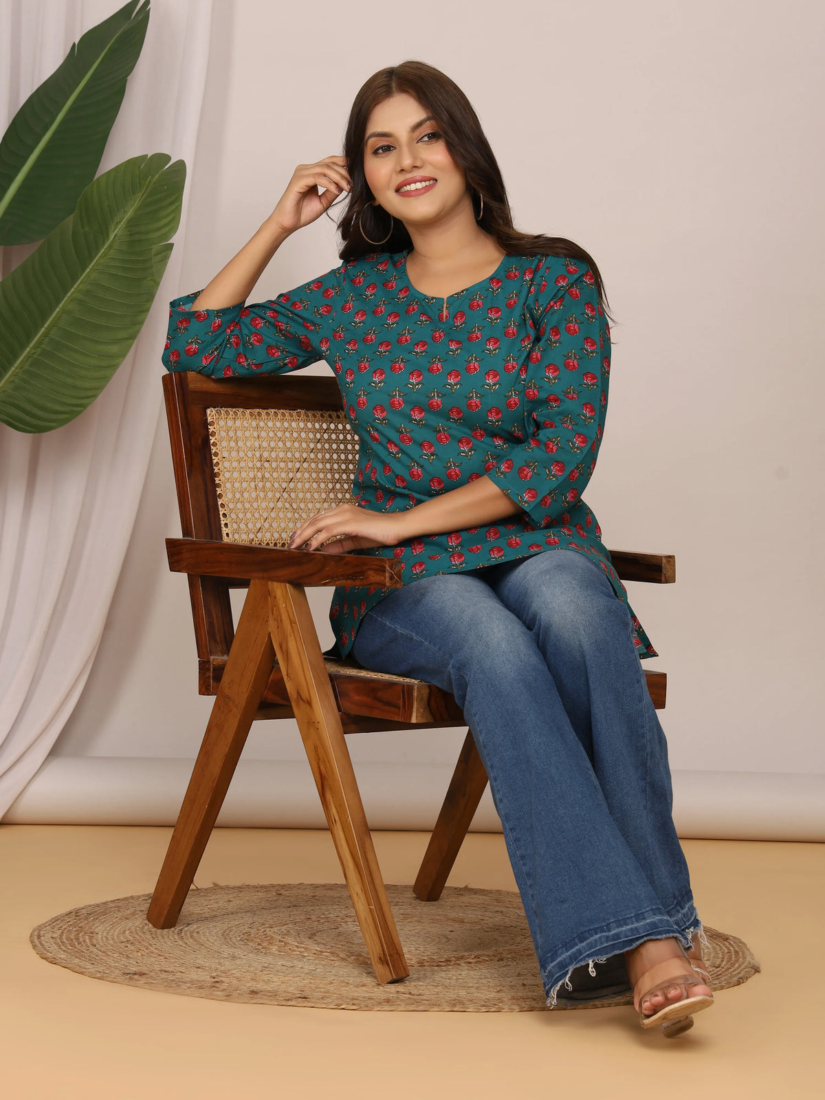 Sanganeri Teal & Red Rose Buti Print Top