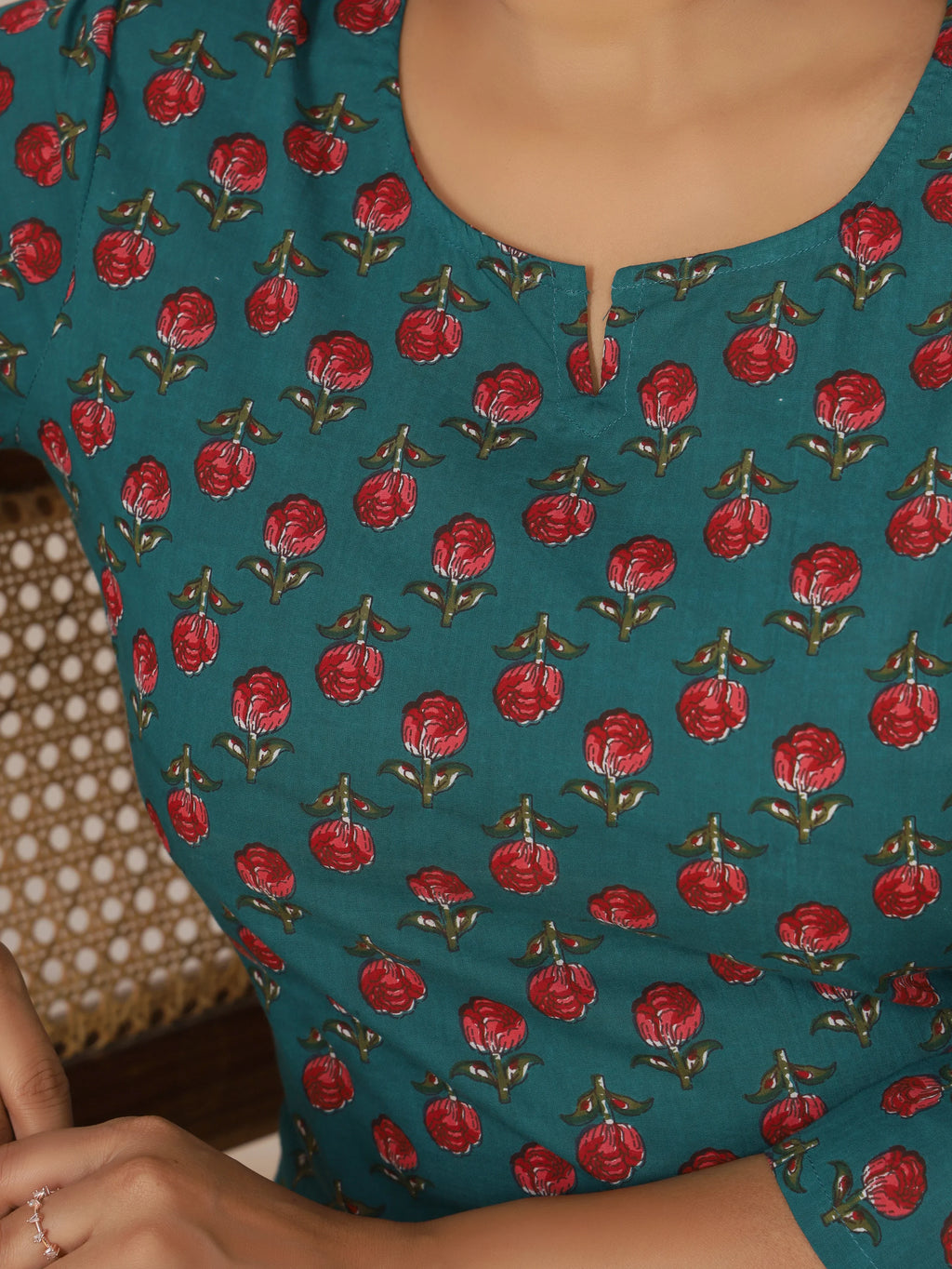 Sanganeri Teal & Red Rose Buti Print Top