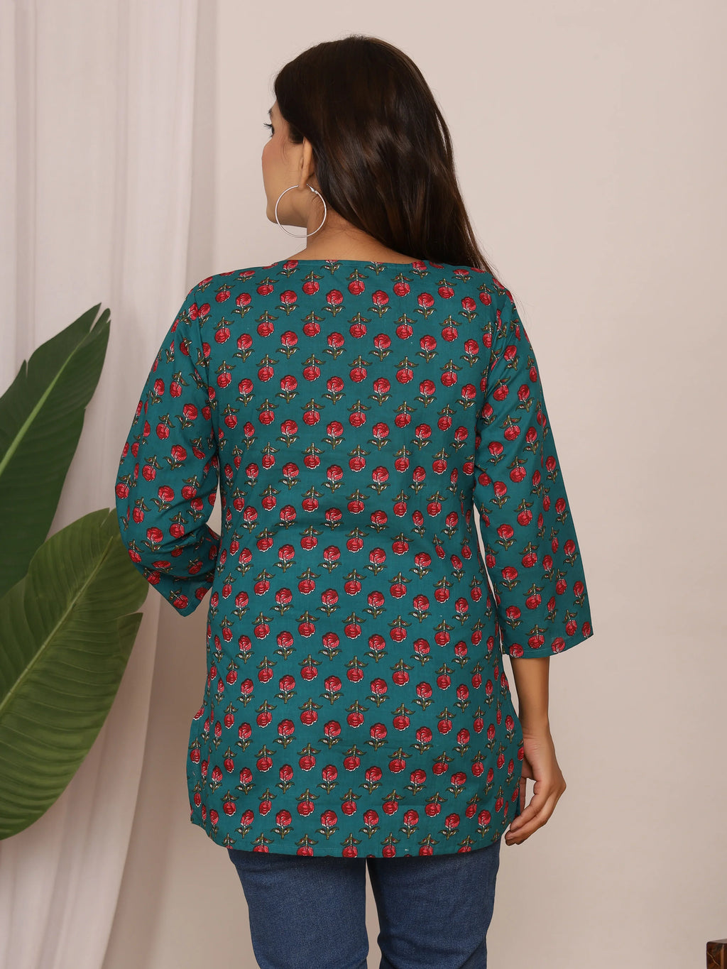 Sanganeri Teal & Red Rose Buti Print Top
