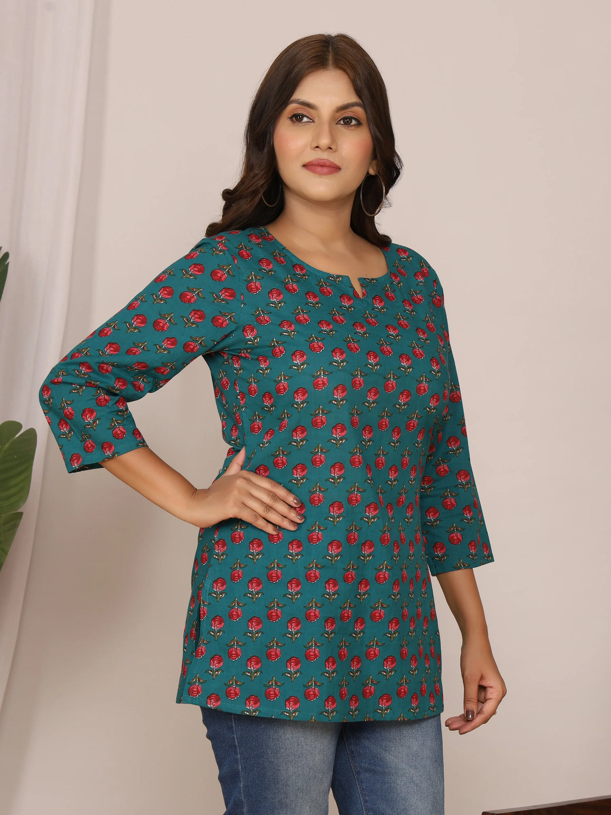 Sanganeri Teal & Red Rose Buti Print Top