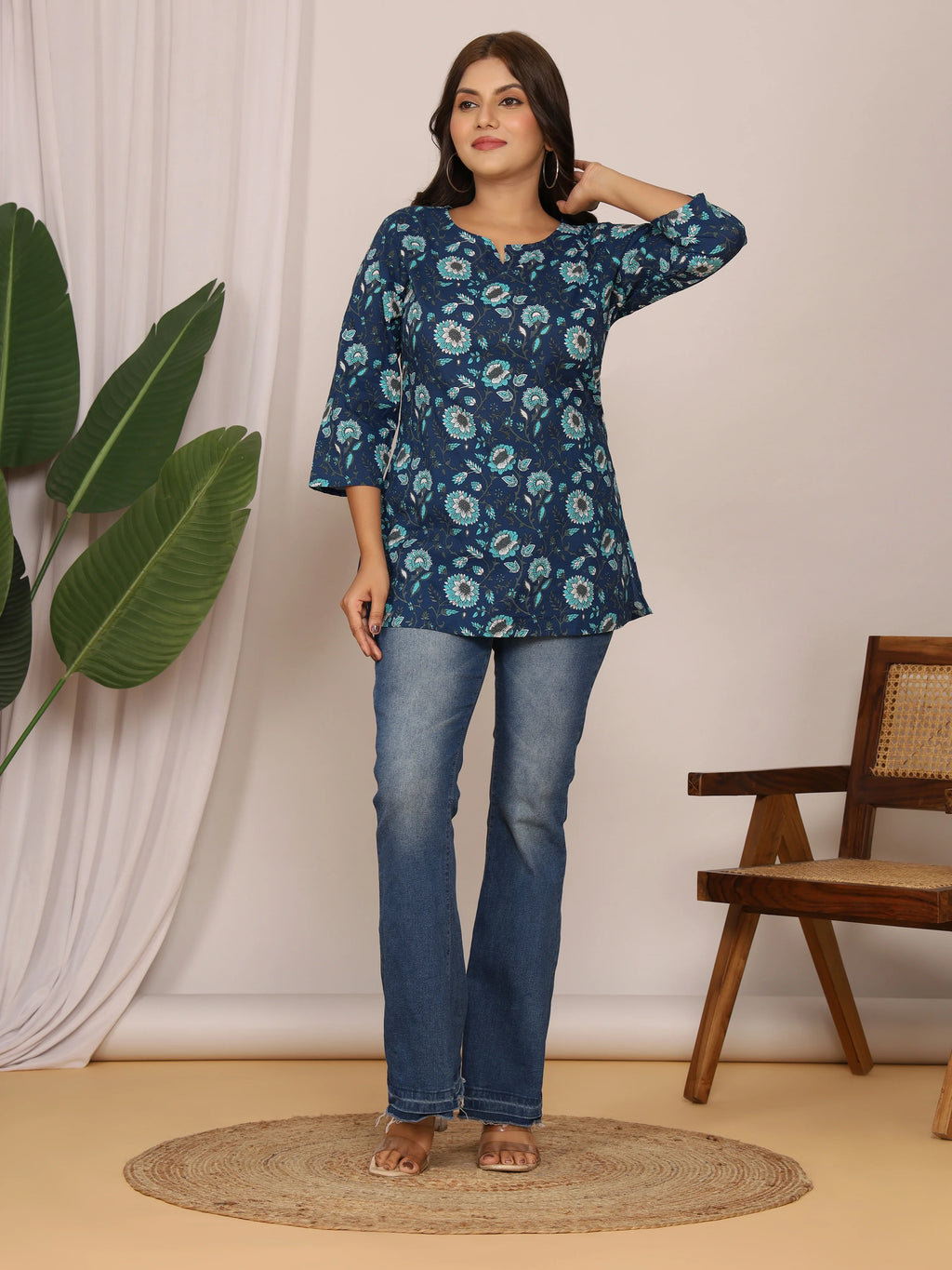 Sanganeri Navy Blue & Aqua Floral Print Cotton Top