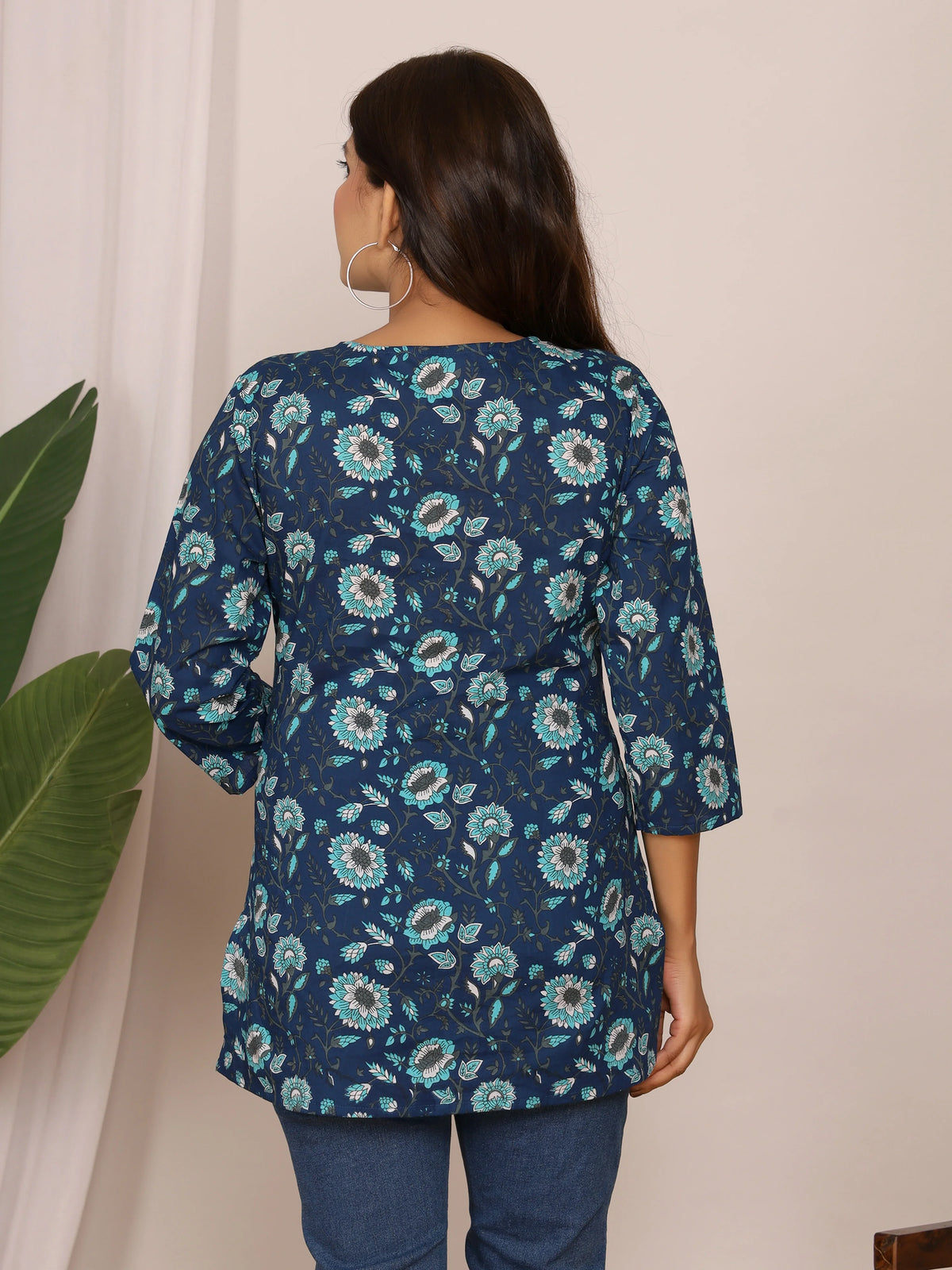 Sanganeri Navy Blue & Aqua Floral Print Cotton Top