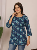 Sanganeri Navy Blue & Aqua Floral Print Cotton Top