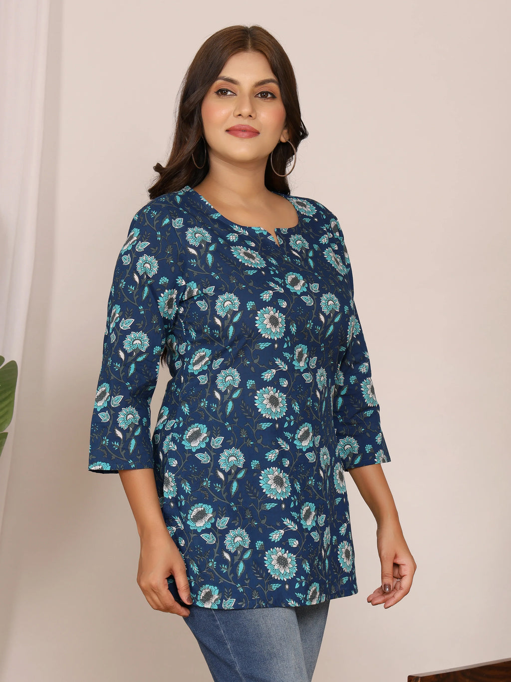 Sanganeri Navy Blue & Aqua Floral Print Cotton Top